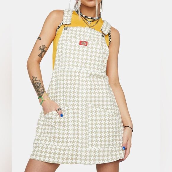 Dickies Bib Overall Dress tan White Houndstooth Print stretch Size Small - Picture 1 of 10